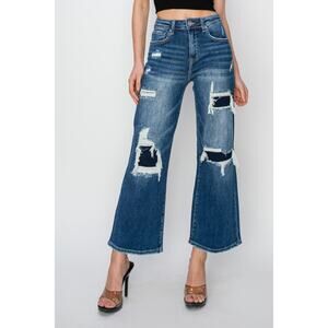 Risen High Rise Patch Detailed Wide Leg Crop Jeans - RDP5716 - Size 0/24